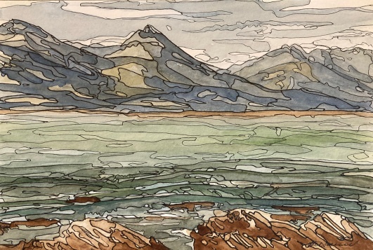 #238- Kaikoura, NZ I Watercolour and ink, plein air ptg, 6"x9", vendu