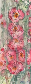 #371-1-Hollyhocks I Watercolour, gouache, ink, 4.5"x12", $150.00 unframed