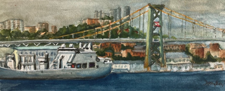 #467- Macdonald bridge I, Halifax watercolour, gouache and ink, plein air ptg, 5"x11", $150.00