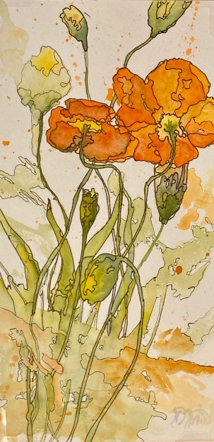#365- Orange popies, I Watercolour and ink, plein air paiting, 6"x 9"', $150.00 unframed
