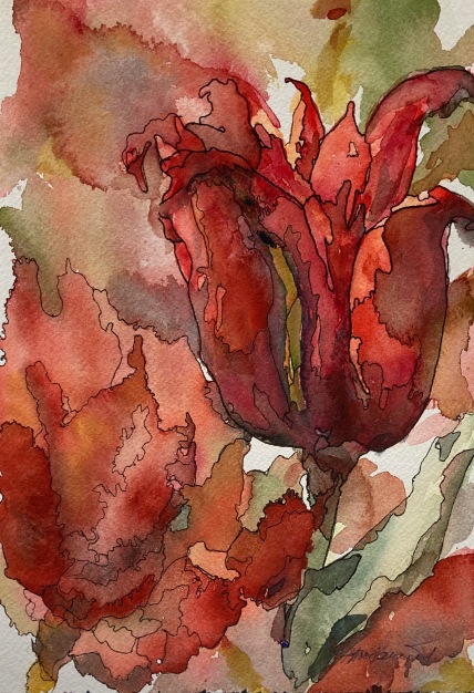 #382-1 Tulip Festival Watercolour and ink, plein air painting, 7"x10", $175.00 un framed