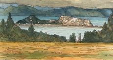 #417- Île Pélerin, Qc watercolour-gouache-ink, plein air paiting, 8"x16", $290.00