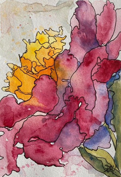 #472- Peony II Watercolour and ink, studio painting, 5" x 7", $115.00 unframed
