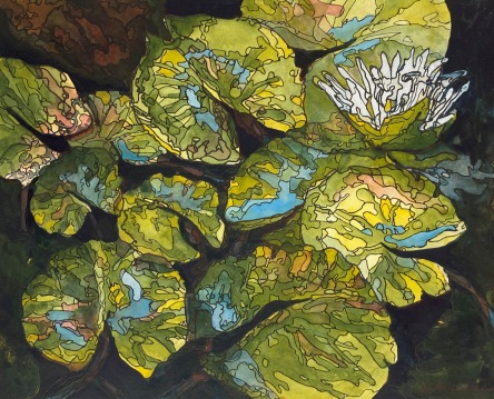 #403- Flowting lilypads I Mix watermedium, 8"x 10", Plein air painting, $230.00 framed