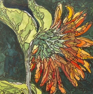 #484-SOLD. our Sunflower glass, I Mixte Water mediums, 5"x 5", Studio painting, $95.00 unframed, $120.00 framedé