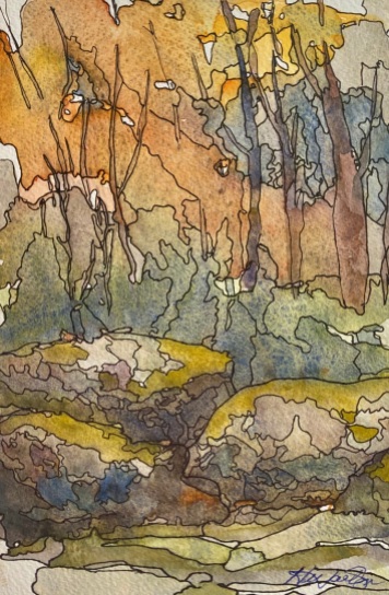 #413- Couleurs Automnales,, watercolour and Ink, pelin air paitning, 6" x 9", $180.00