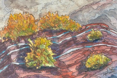 #419- Purple rocks, Plein air painting, mix water mediums, 7" x 10", unframed: $195.00